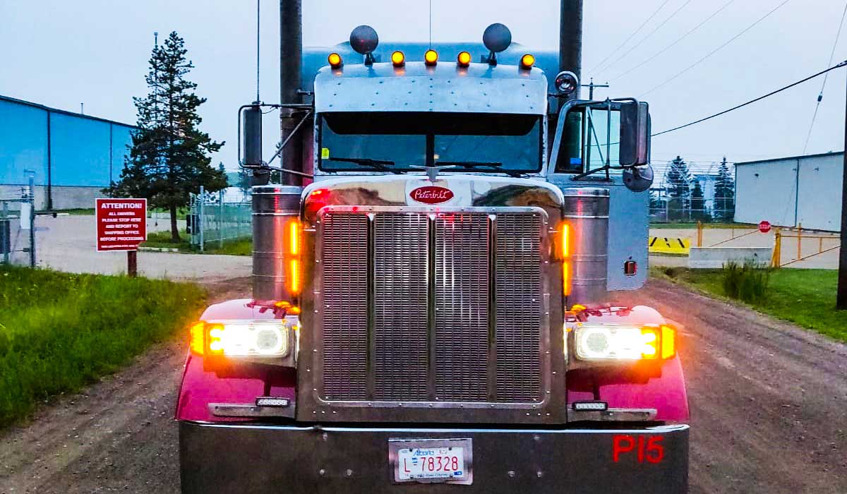 Peterbilt truck with its lights on