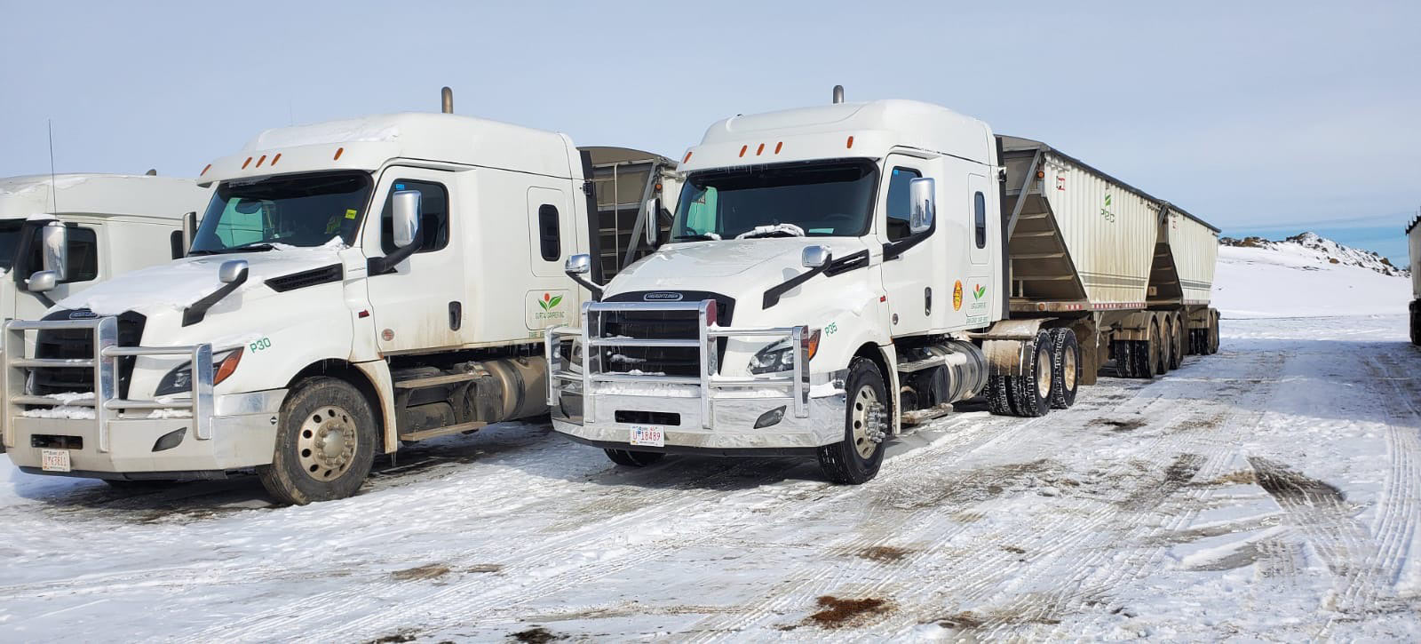 Two white trucks with bulk trailers on a snowy lot