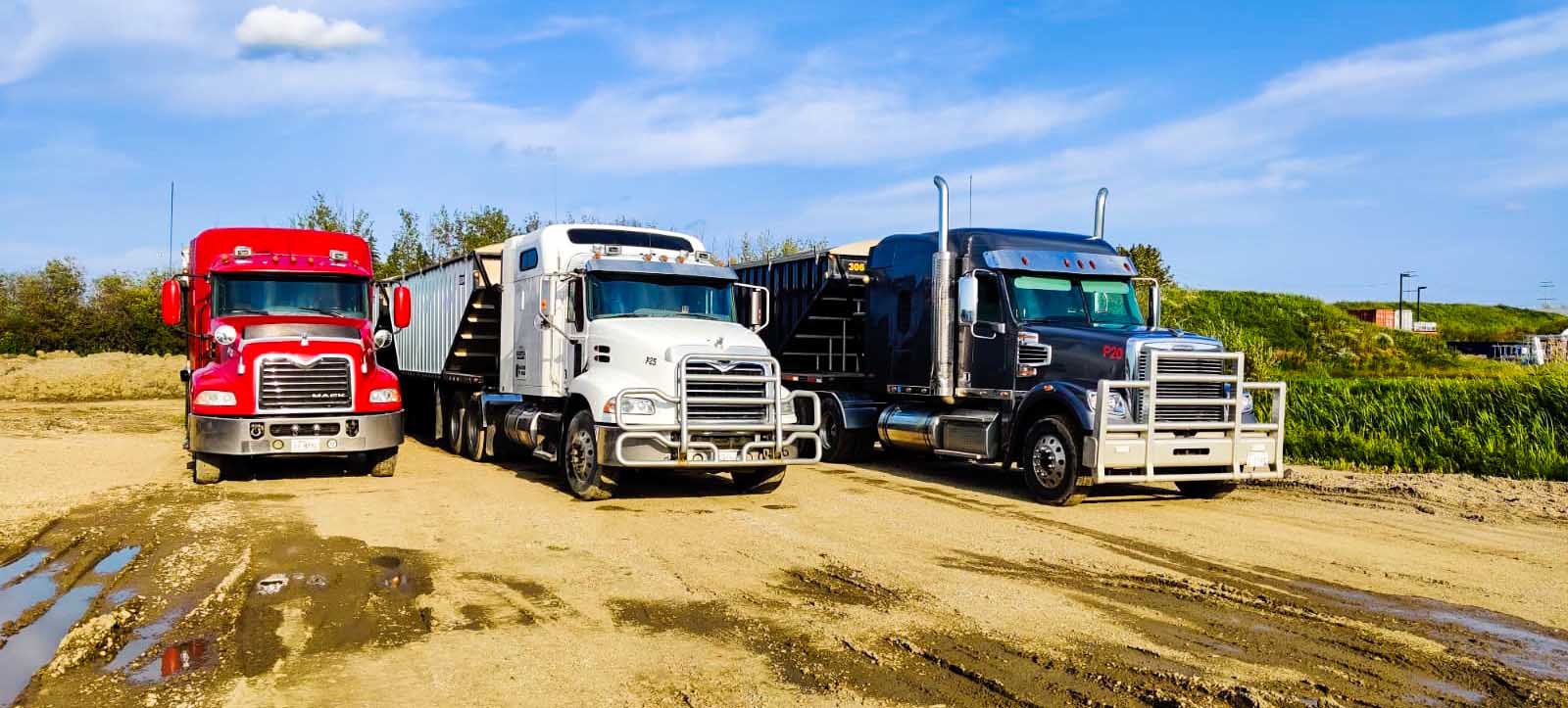 Red, white and blue PB32 trucks with bulk trailers